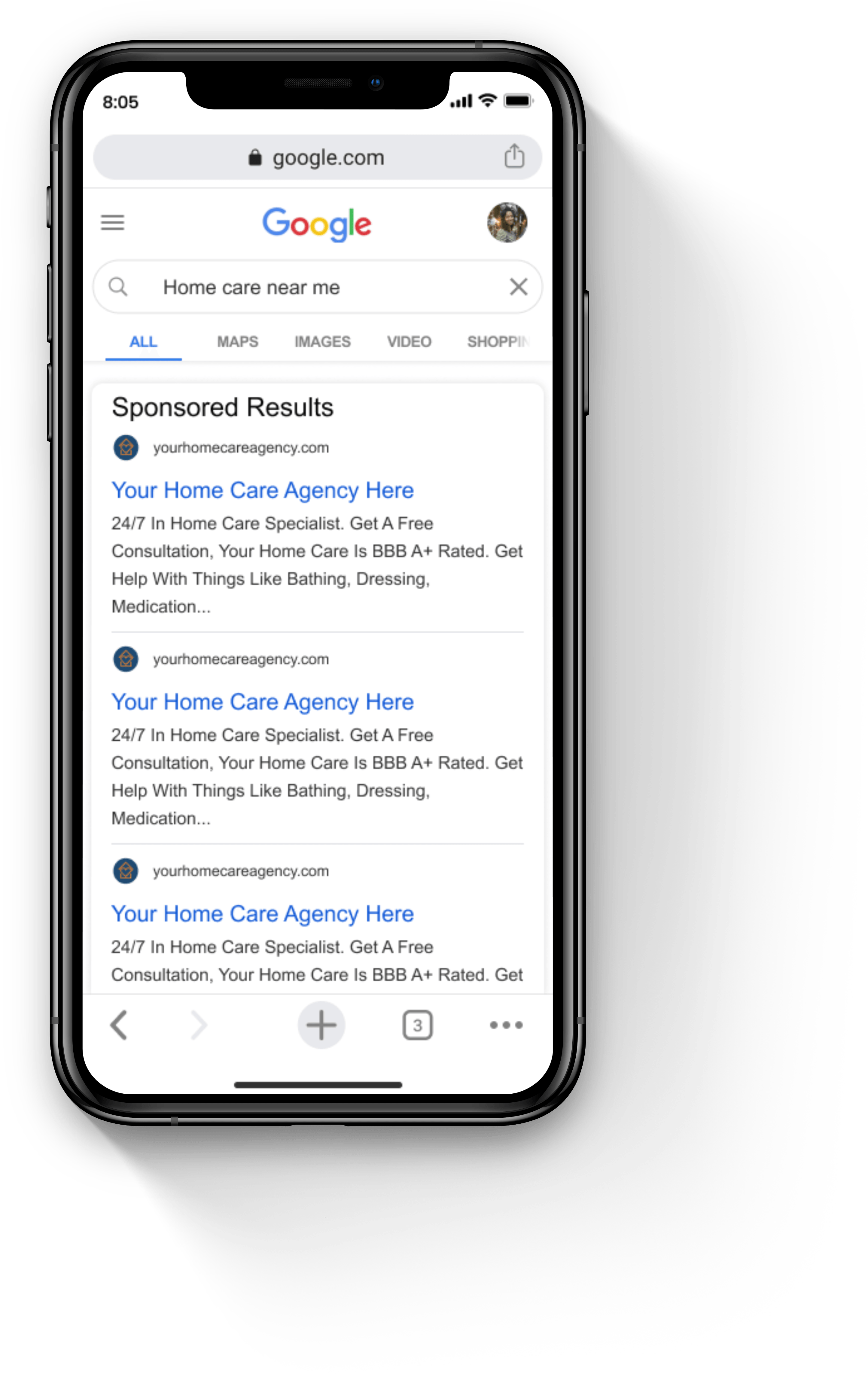 AI search showing home care results